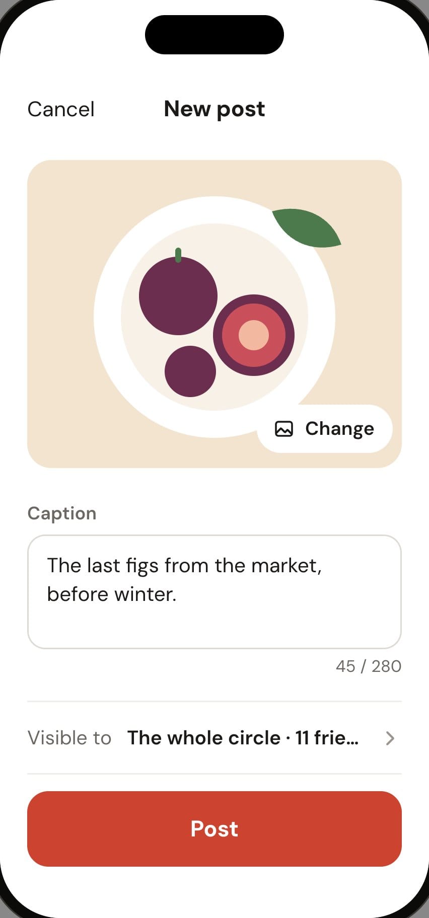 New post screen of the Cercle app: a photo of figs, the caption and the place.