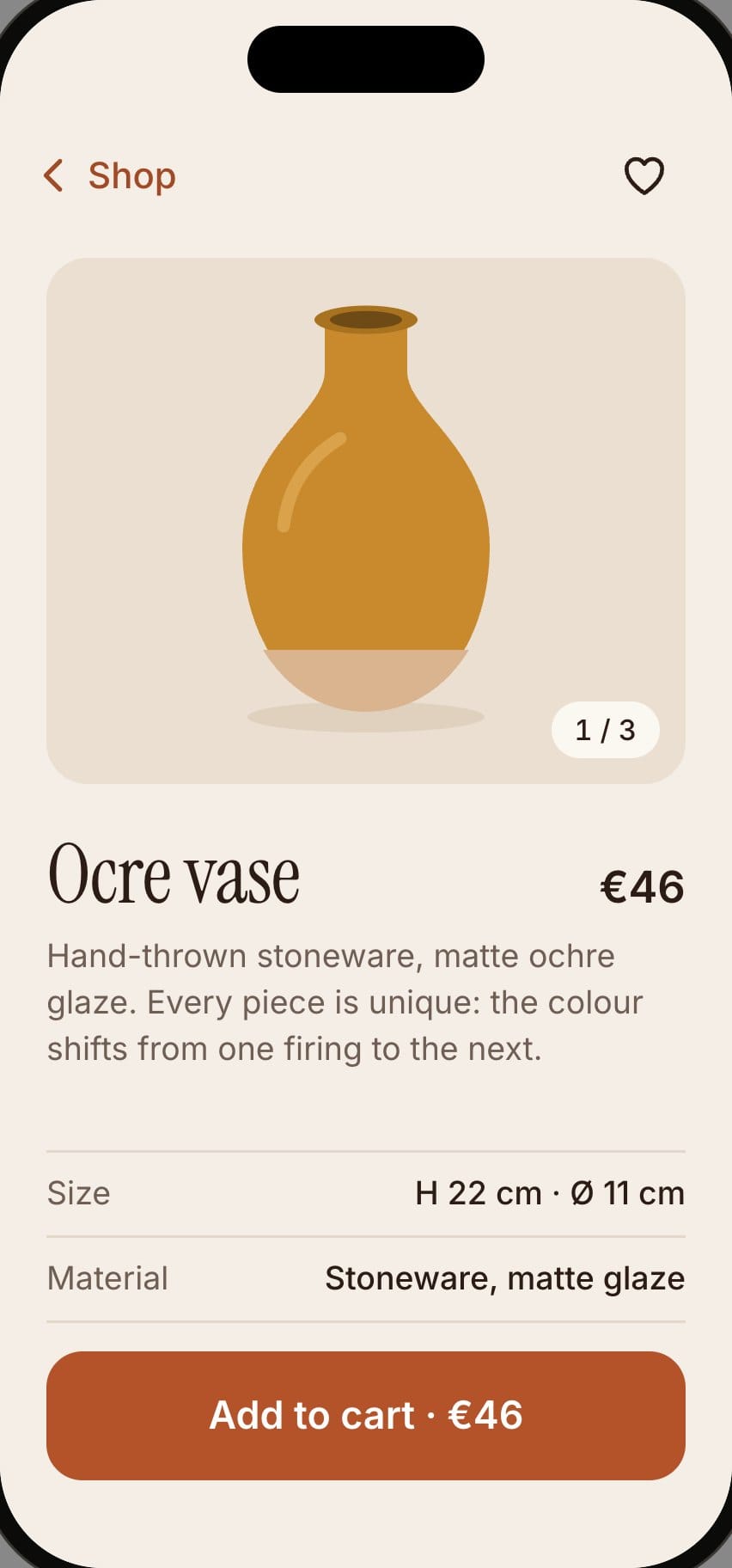 Product page for a vase in the Atelier Lou app: the photo, the price and the description.