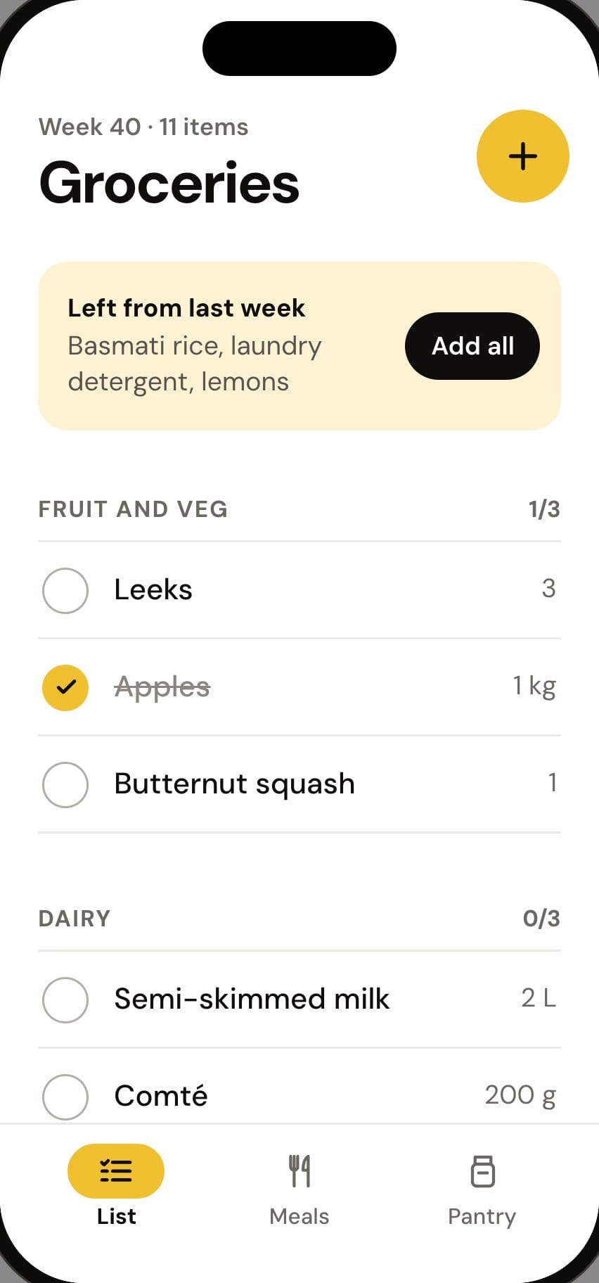 The list in the Groceries app, sorted by aisle, with the items already picked up.