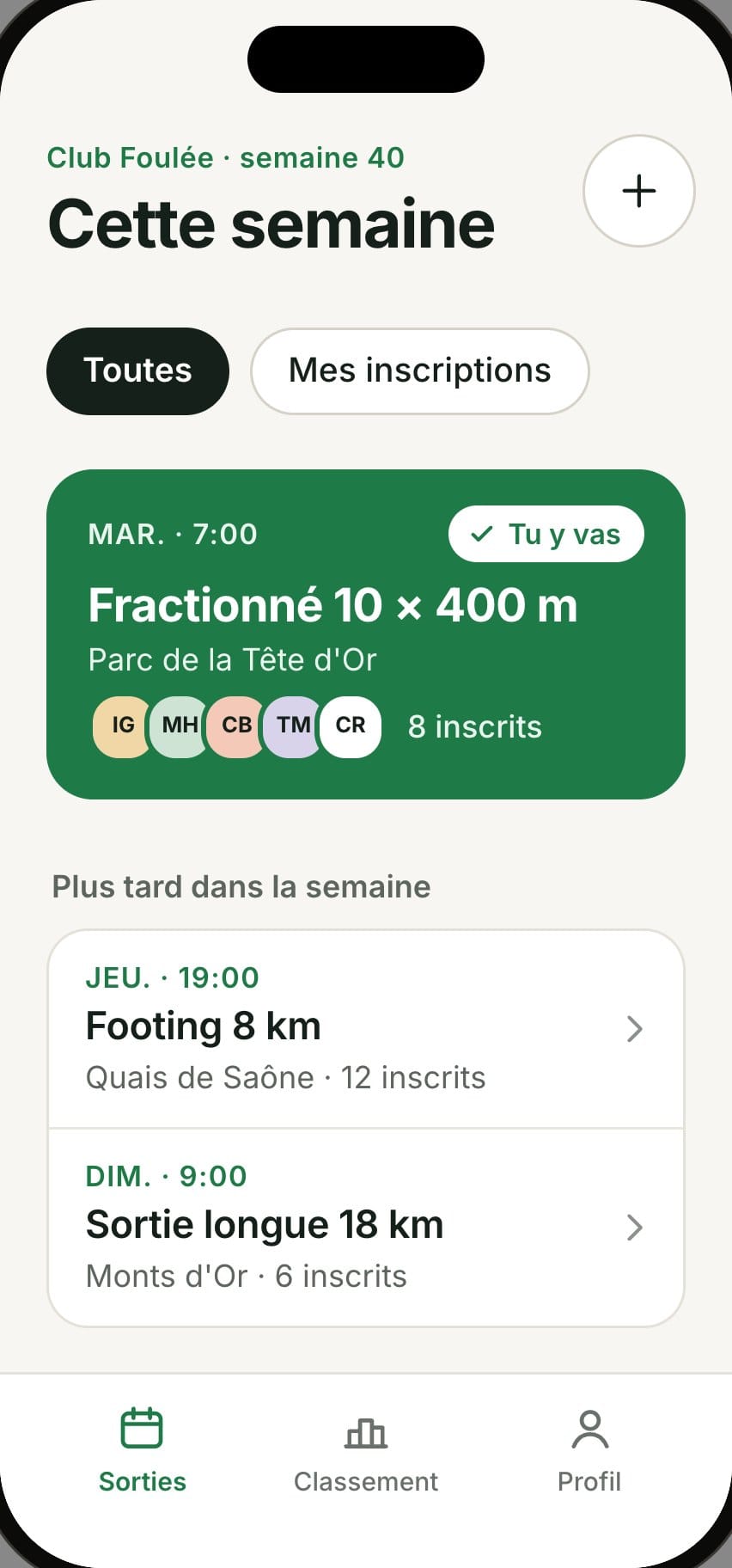 Écran Cette semaine de l’app Foulée : la prochaine sortie du club et les suivantes.