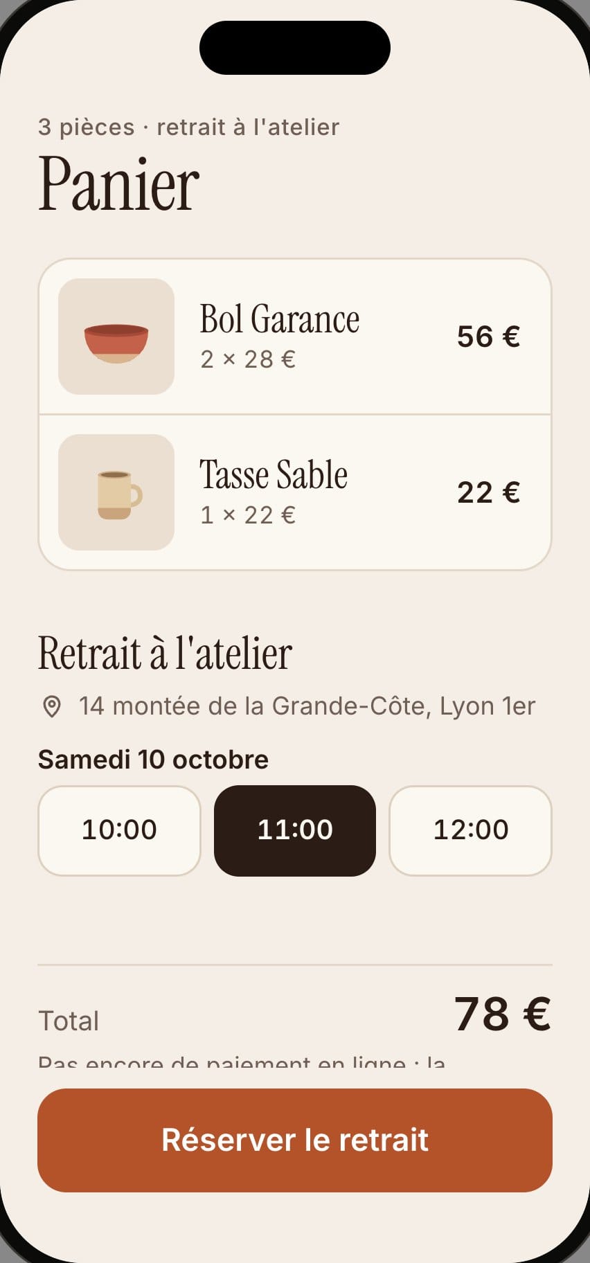 Panier de l’app Atelier Lou : deux articles, le créneau de retrait à l’atelier et le total.