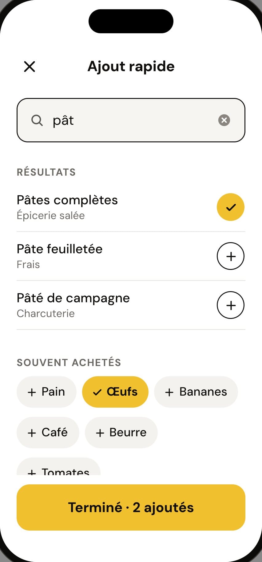 Écran Ajout rapide de l’app Courses : une recherche et les articles achetés souvent.